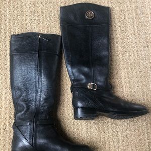 TORY BURCH Riding Boots, 8.5, Gold, black leather